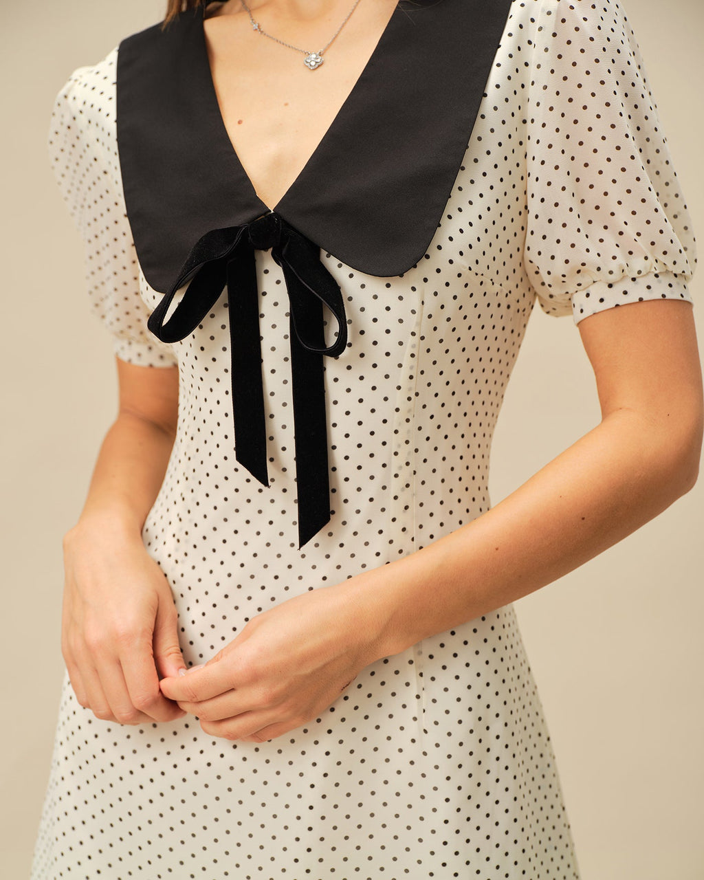 Mini Dress with Apricot Polka Dots and Contrasting Accents