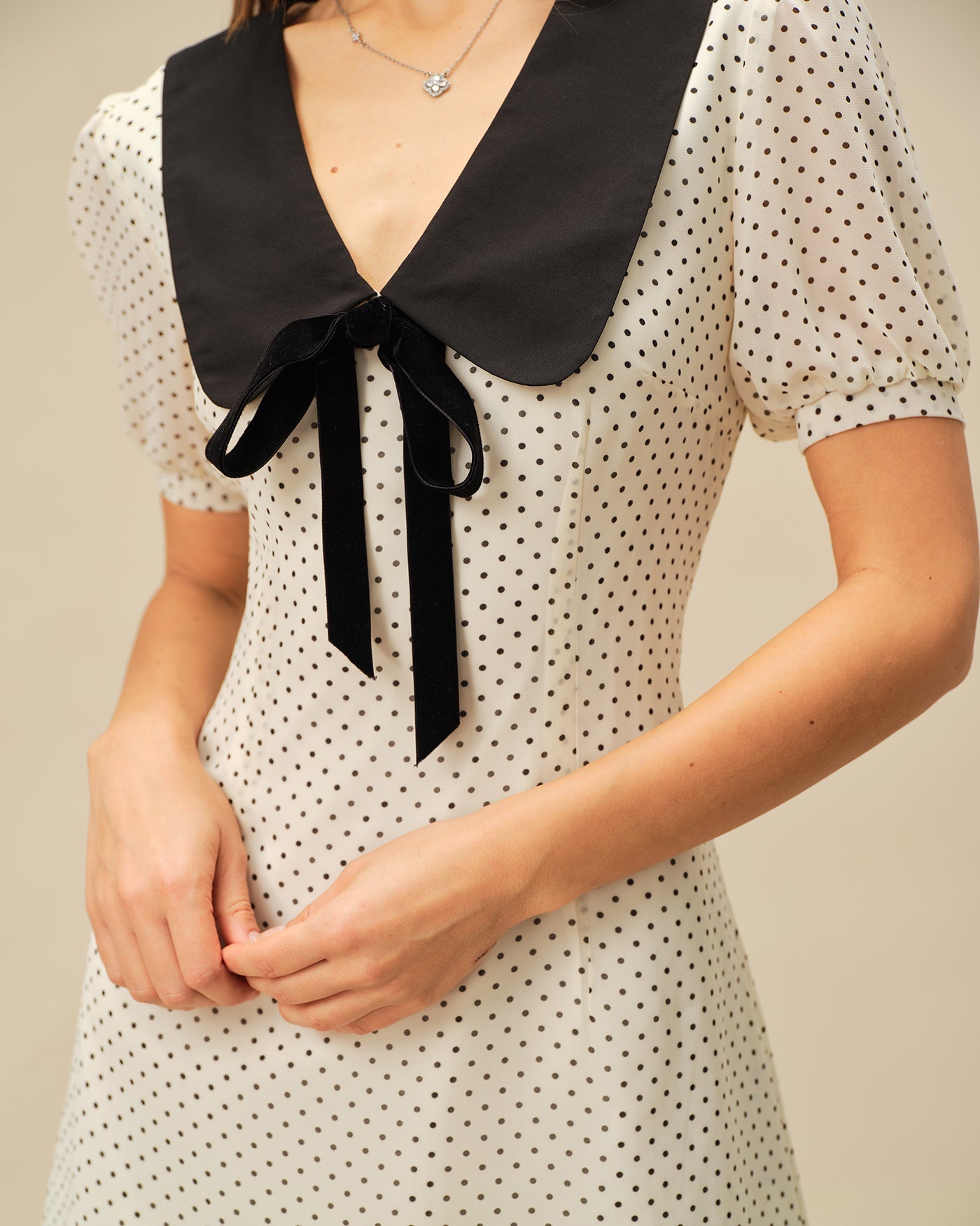 Mini Dress with Apricot Polka Dots and Contrasting Accents