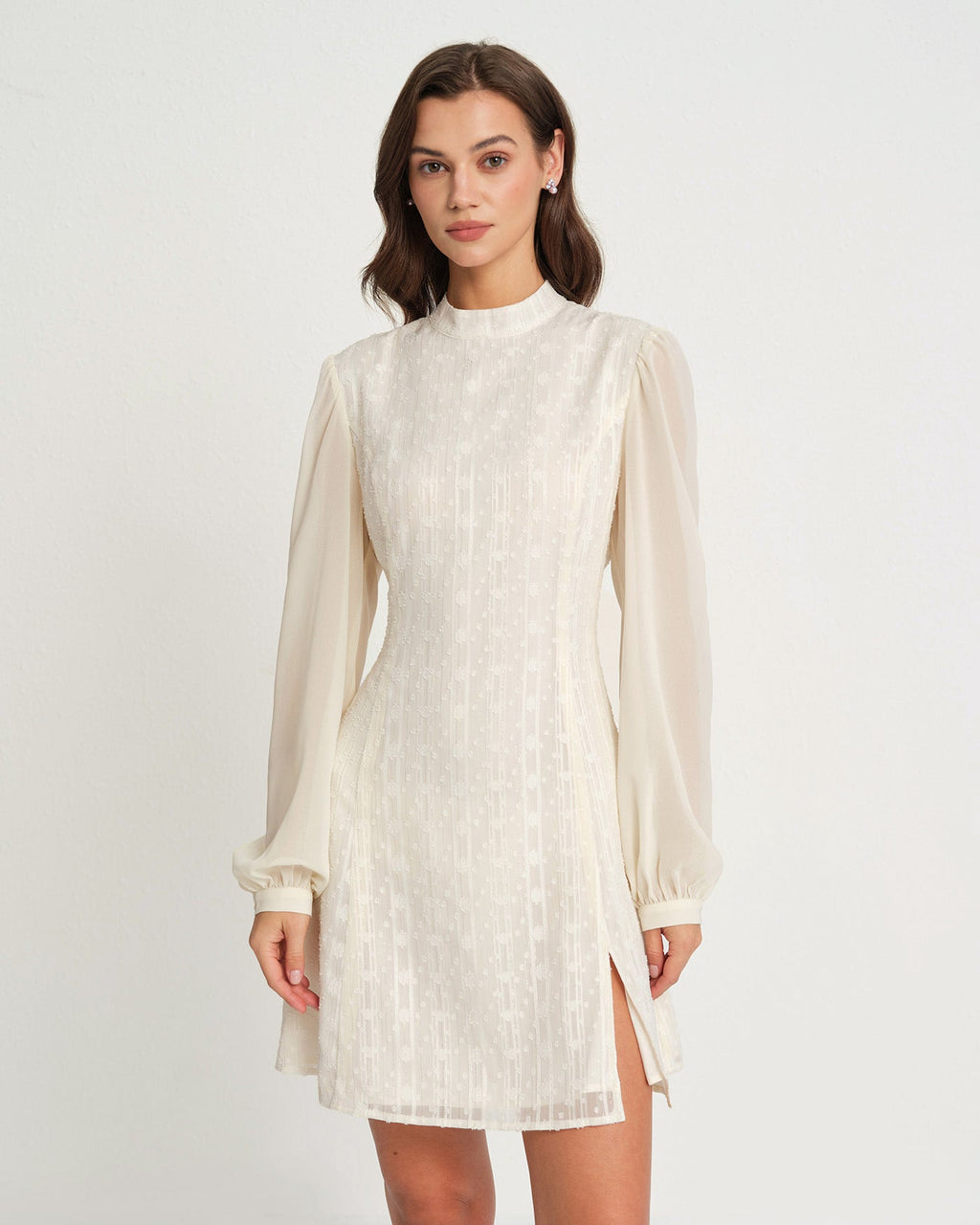 Beige Chiffon Mini Dress with Mock Neck