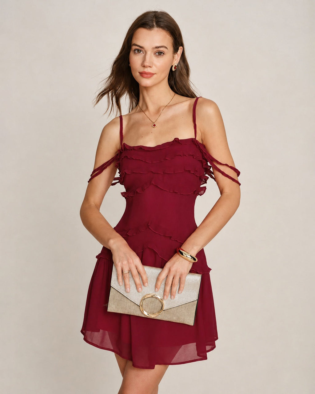 Strapless Mini Dress in Red Chiffon with Ruffle Details