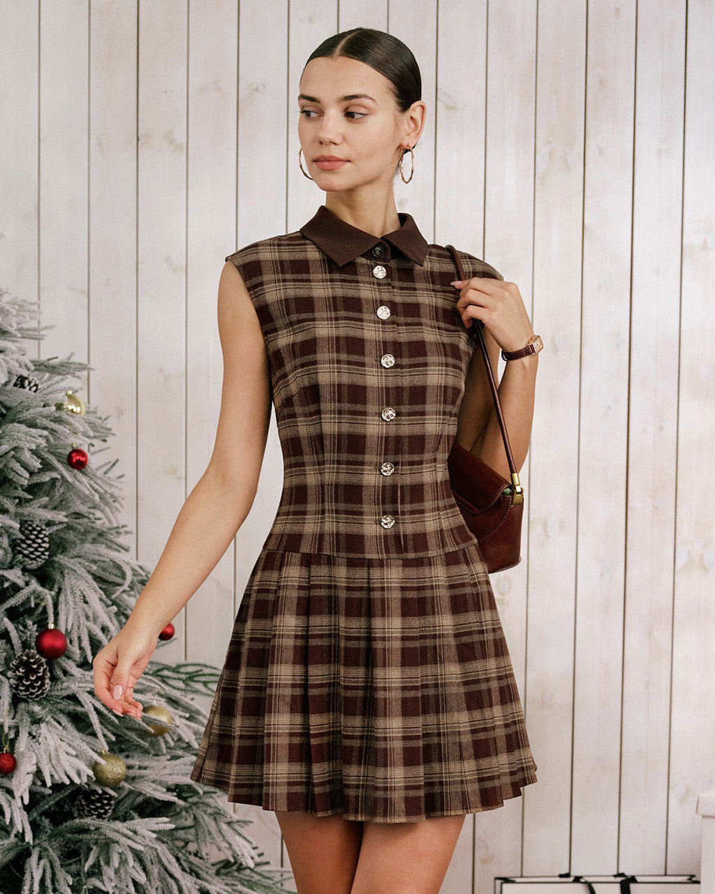 Brown Plaid Sleeveless Mini Dress with Pleated Design