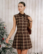 Brown Plaid Sleeveless Mini Dress with Pleated Design