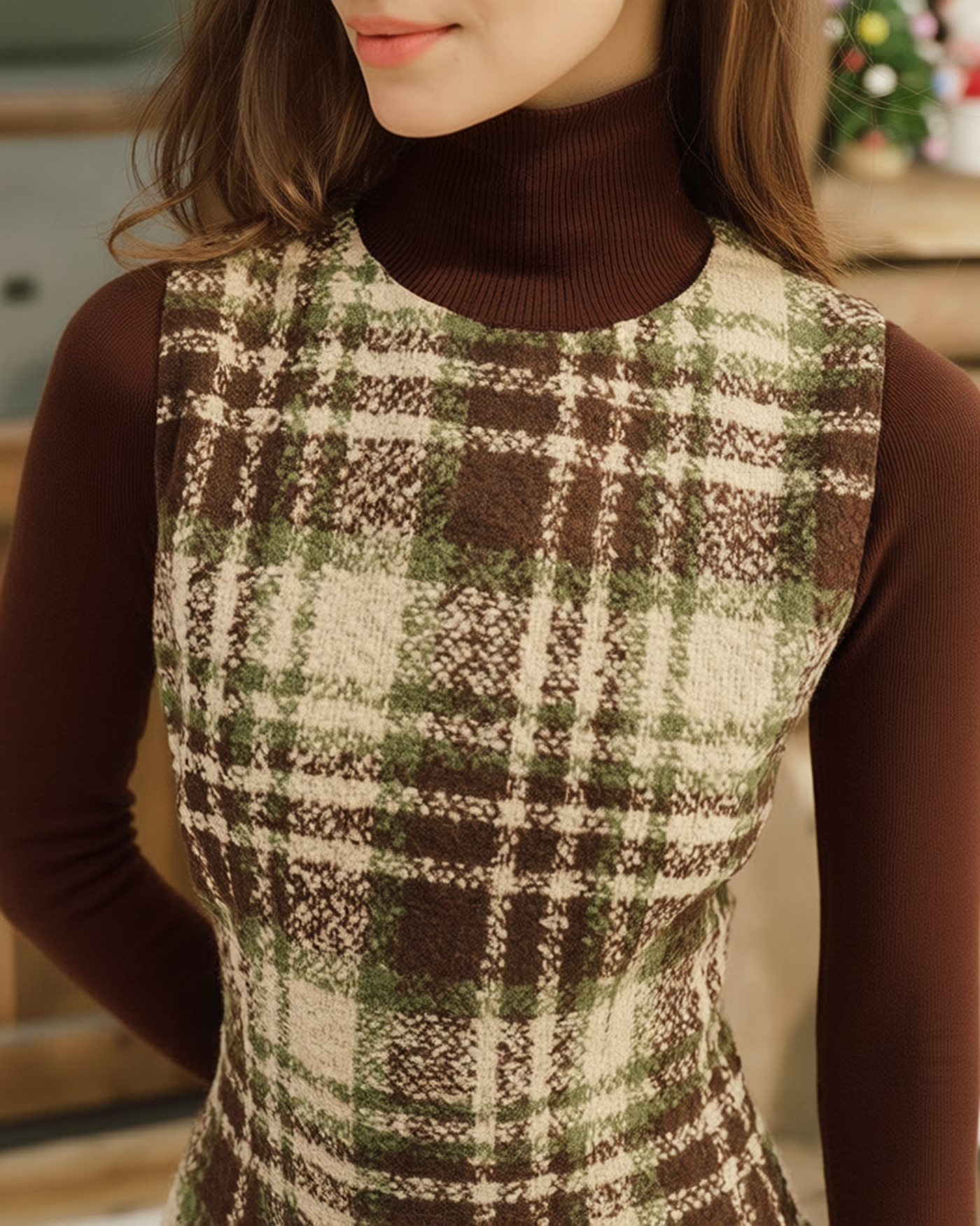 Plaid Sleeveless Mini Dress with Round Neck