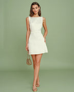 Pearl-Embellished Apricot Boat Neck Mini Dress