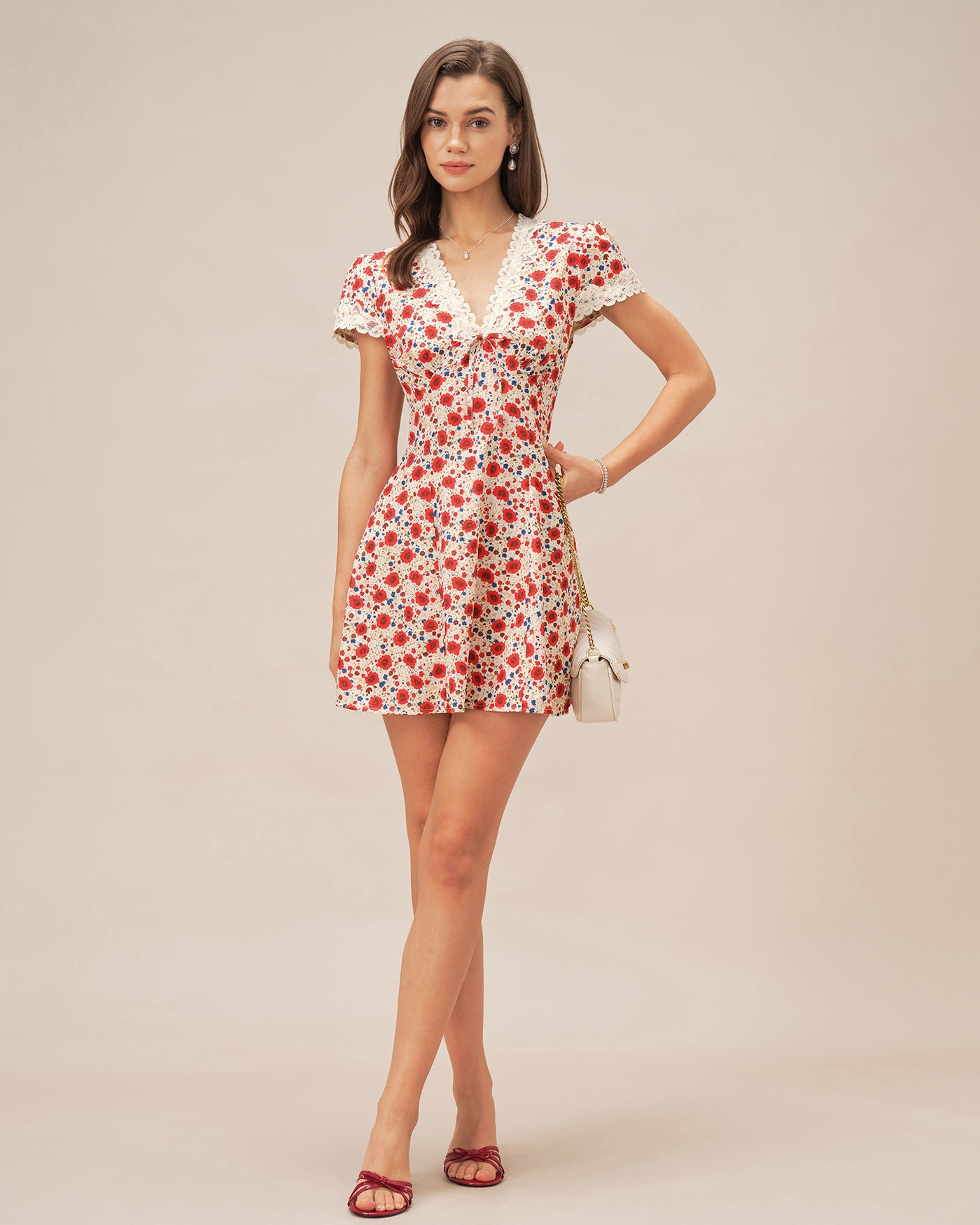 Floral Lace Mini Dress with Red V-Neck