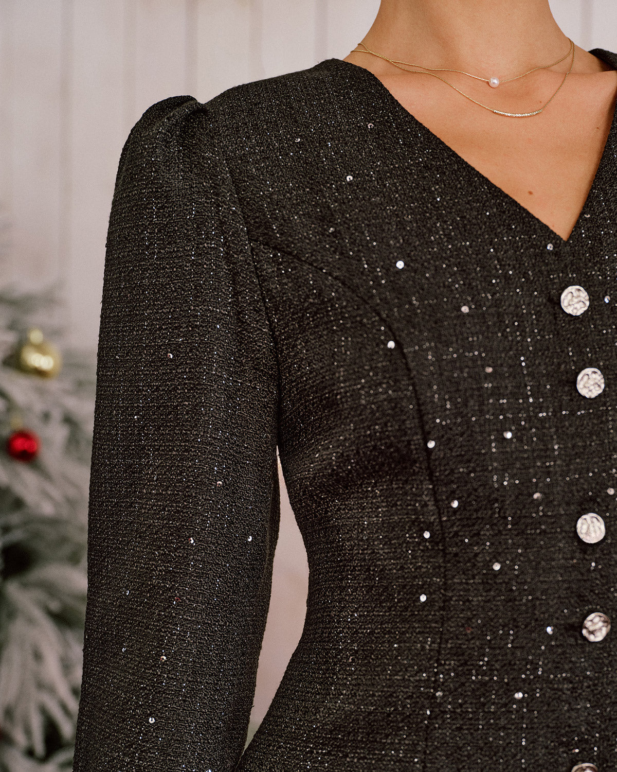 Mini Dress with Black V-Neck and Sequin Detail