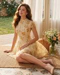 Floral Mini Dress in Soft Yellow with Turtle Print