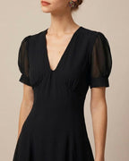 Black Mini Dress with V-Neck and Puffed Sleeves