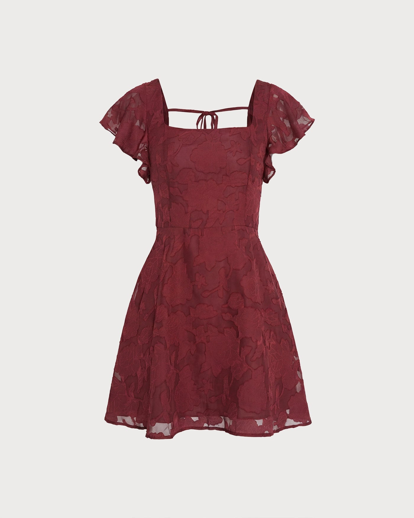 Wine Red Jacquard Mini Dress with Square Neckline