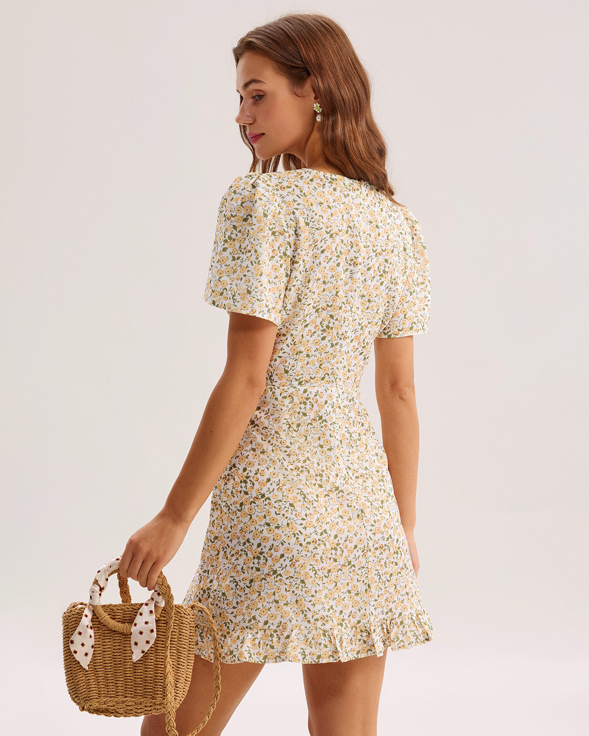 Floral V-Neck Mini Dress in Yellow