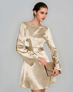 Apricot Satin A-Line Mini Dress with Boat Neck