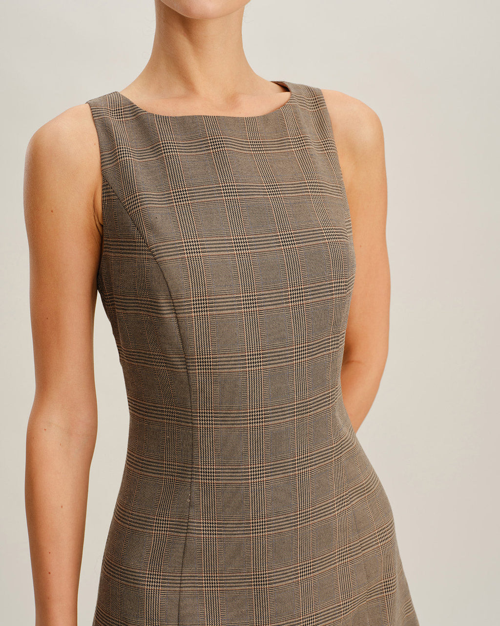 Brown Checkered Sleeveless Mini Dress