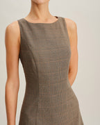 Brown Checkered Sleeveless Mini Dress