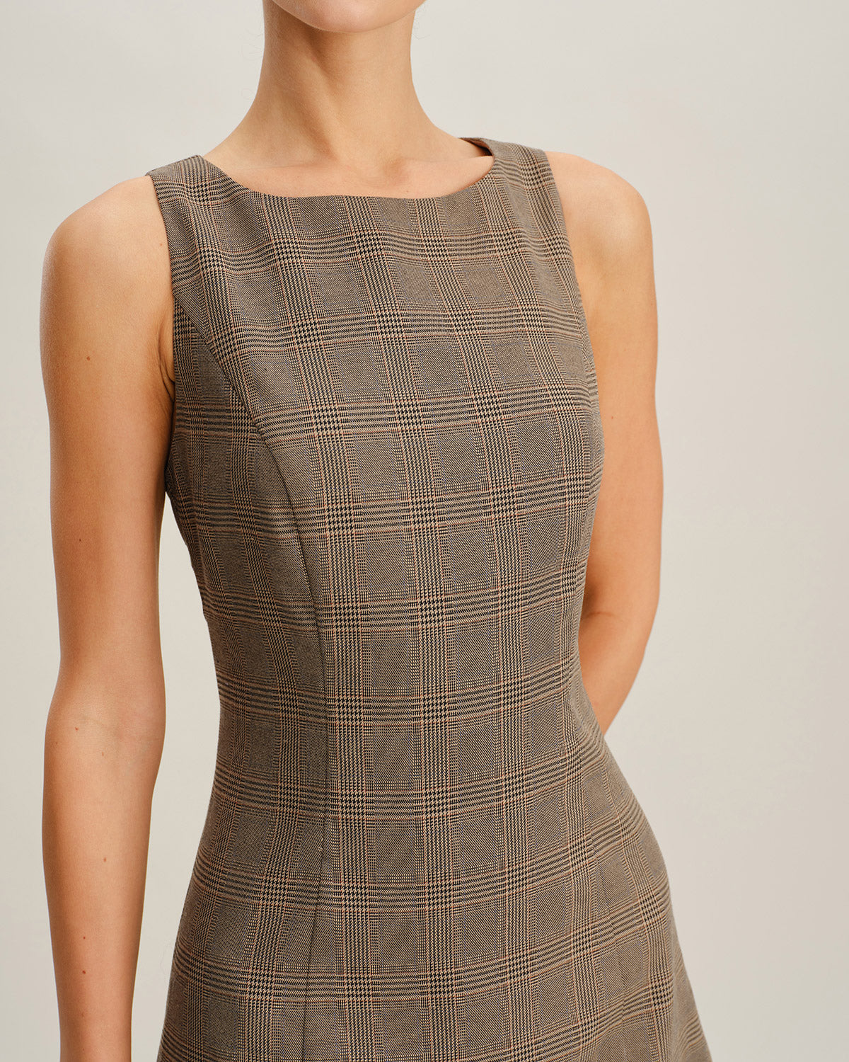 Brown Checkered Sleeveless Mini Dress