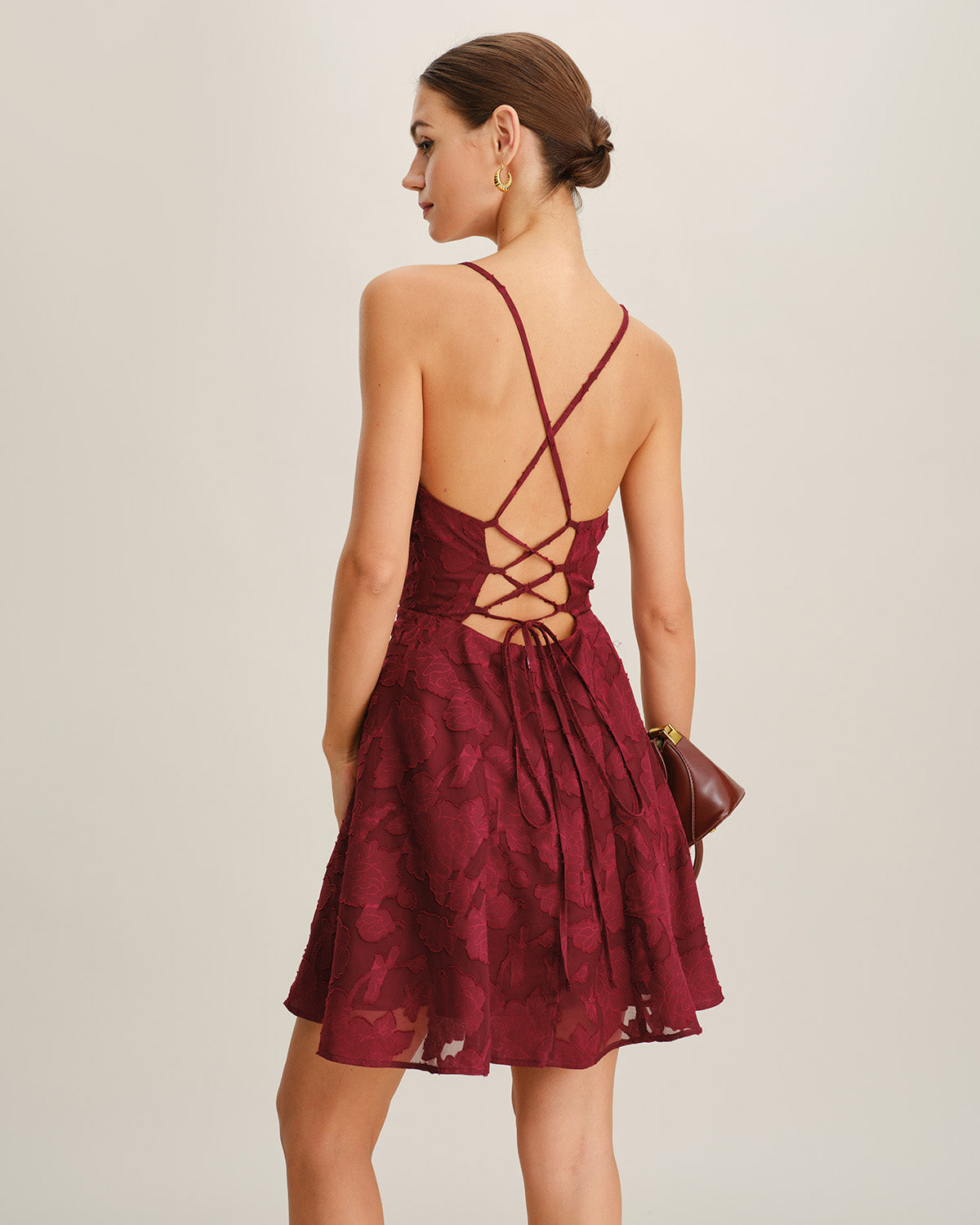 Backless Mini Dress in Wine Red with Floral Design