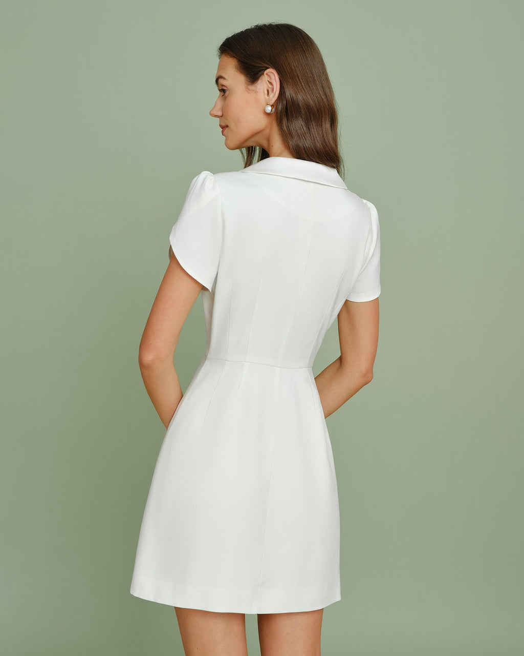 Beige Satin Mini Dress with Collar and Button Detail