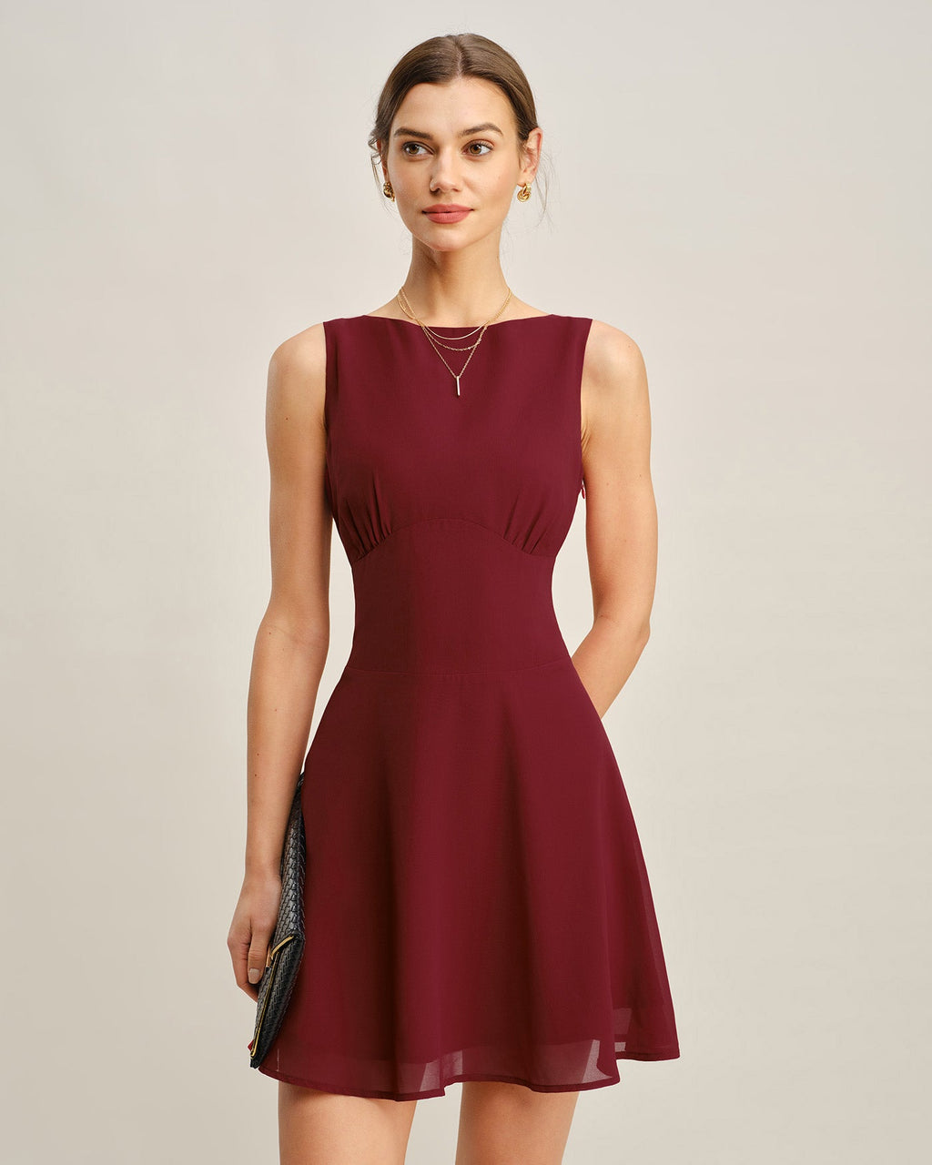 Wine Red Pleated Mini Dress with Boat Neck