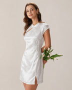 White Jacquard Mini Dress with Mandarin Collar