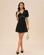 Floral Lace Mini Dress with V-Neck in Black