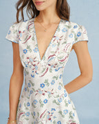Floral V-Neck Mini Tunic Dress in Off White
