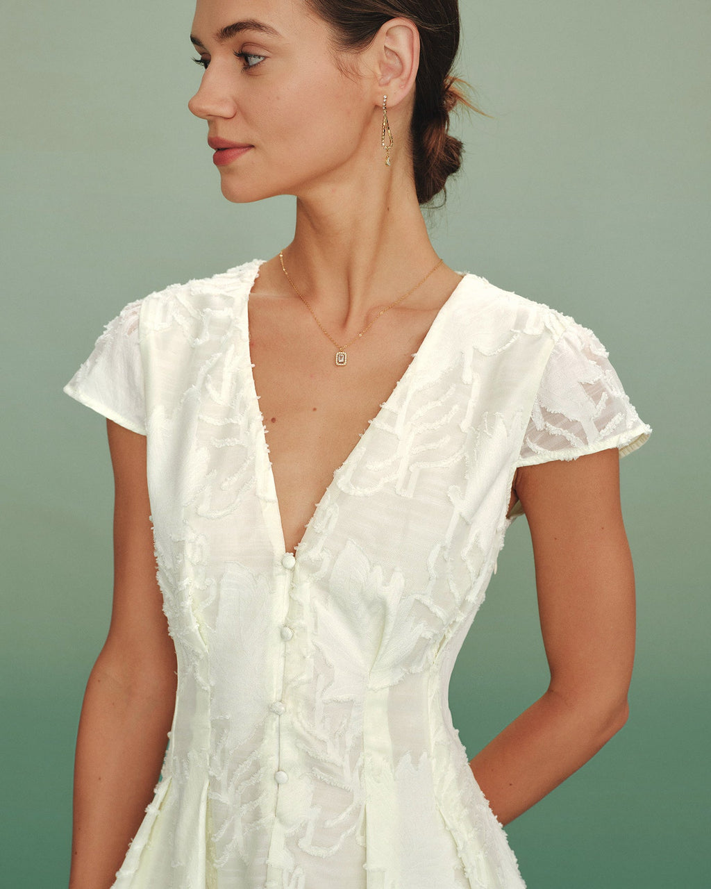 Textured Mini Dress with V-Neck in Apricot