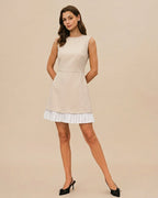 Women's Pleated Mini Dress with Apricot Color Block Design