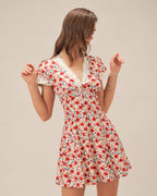 Floral Lace Mini Dress with Red V-Neck