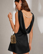 Black A-Line Mini Dress with Boat Neck and Pearl Accents