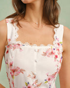 Floral Print Square Neck Mini Dress with Button Details