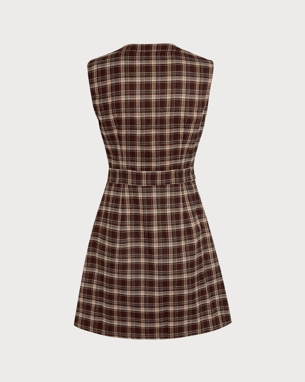 Brown Plaid Mini Dress with Sleeveless Design