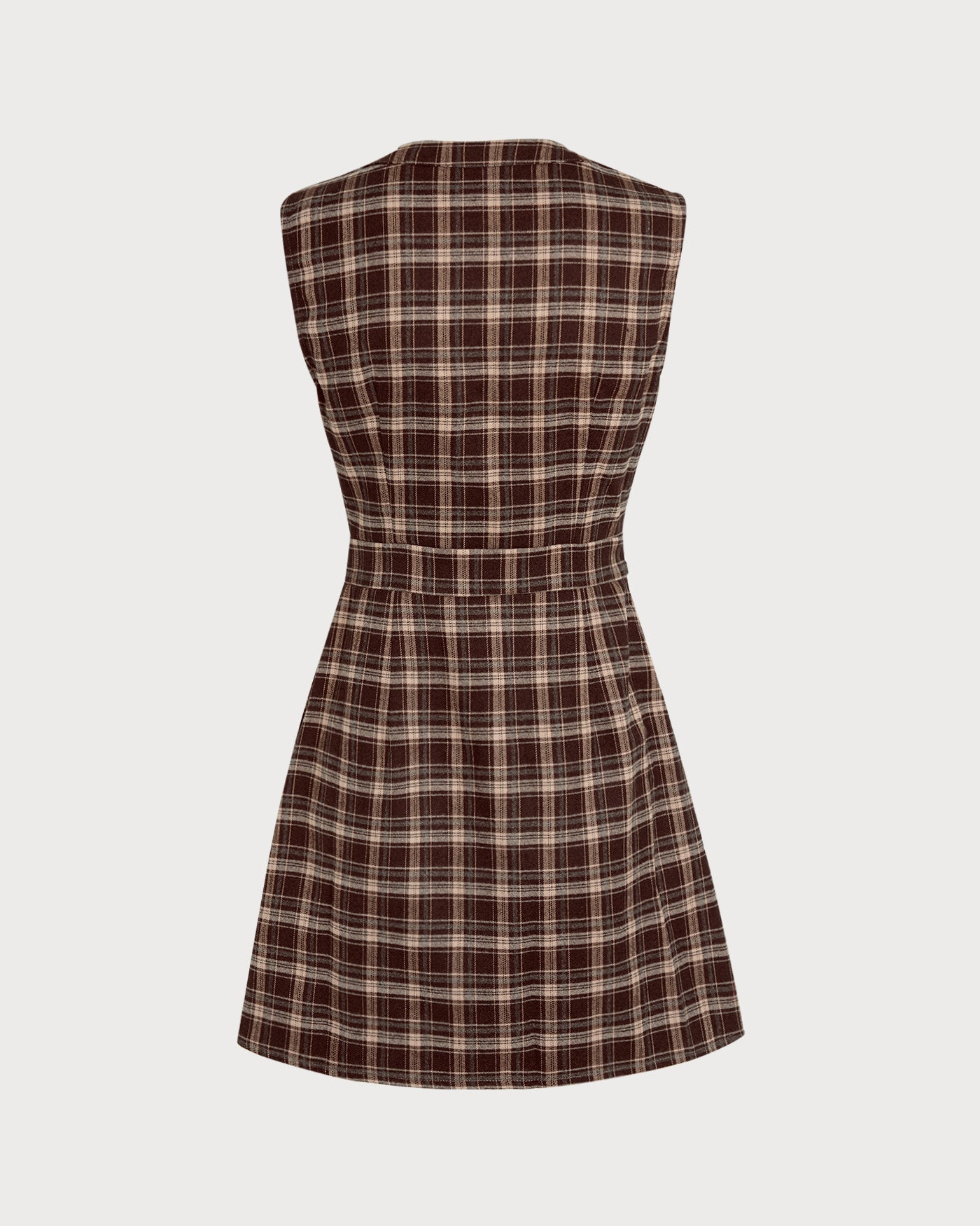 Brown Plaid Mini Dress with Sleeveless Design