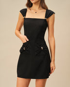 Black Mini Dress with Square Neck and Cap Sleeves