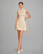 Apricot Satin Mini Dress with Boat Neck and Tie Detail