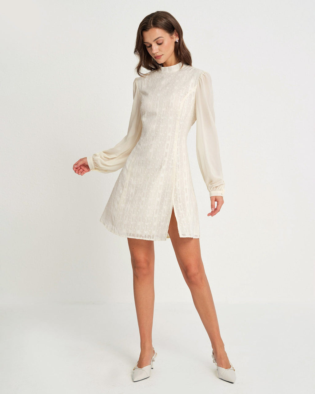 Beige Chiffon Mini Dress with Mock Neck