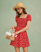 Floral Mini Dress with Red Square Neck