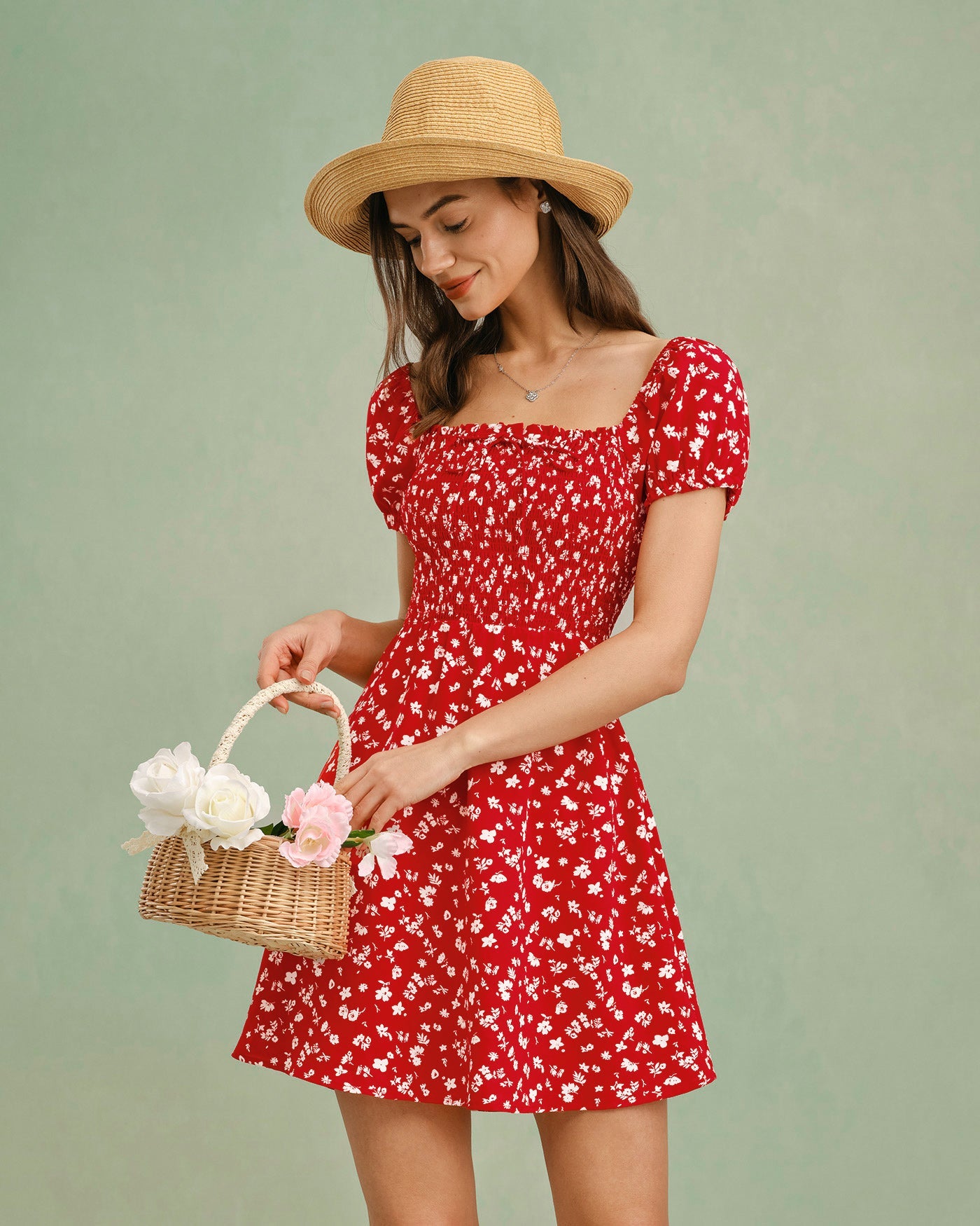 Floral Mini Dress with Red Square Neck
