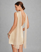 Apricot Satin Mini Dress with Boat Neck and Tie Detail
