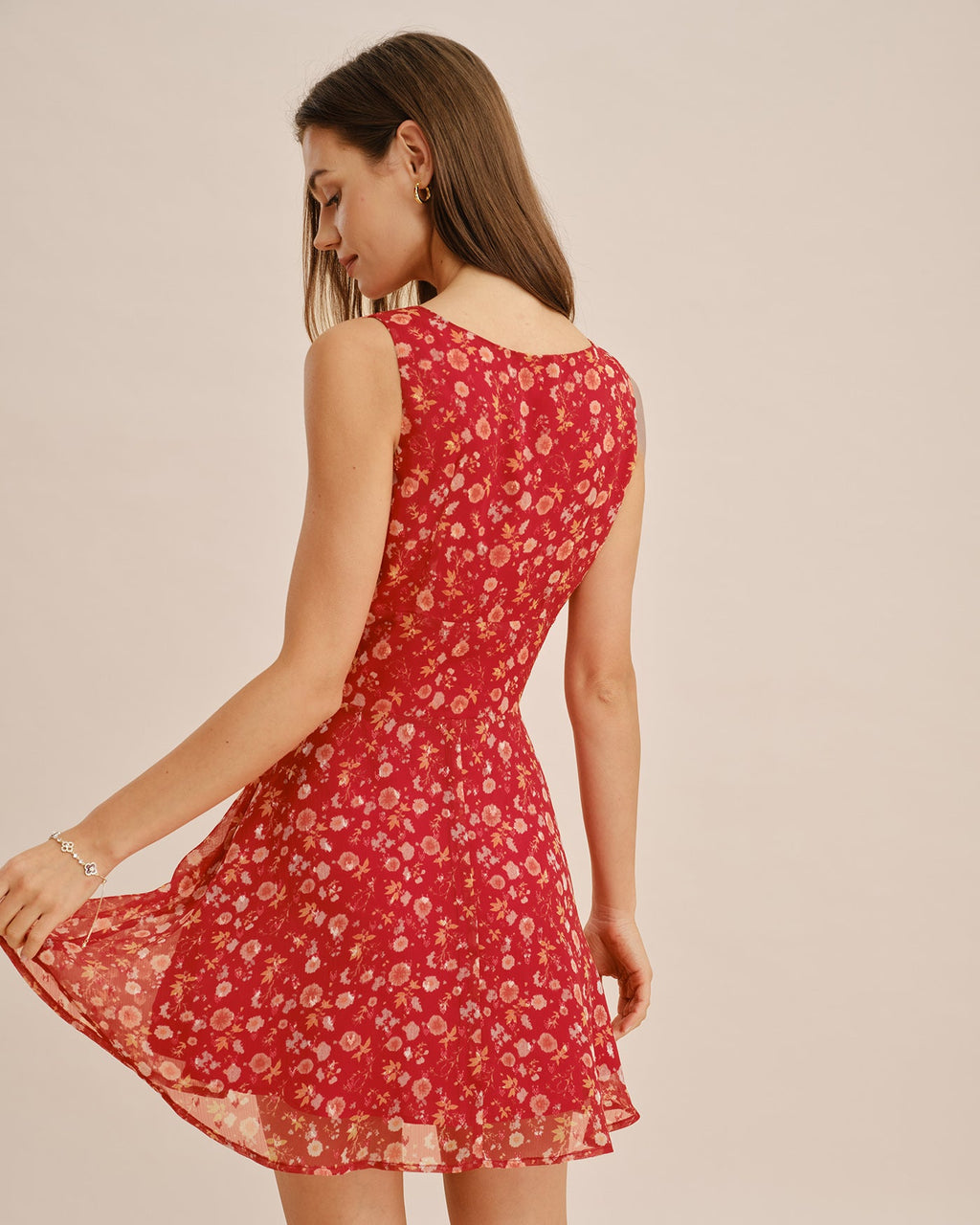 Floral Mini Dress with Red Boat Neck Design