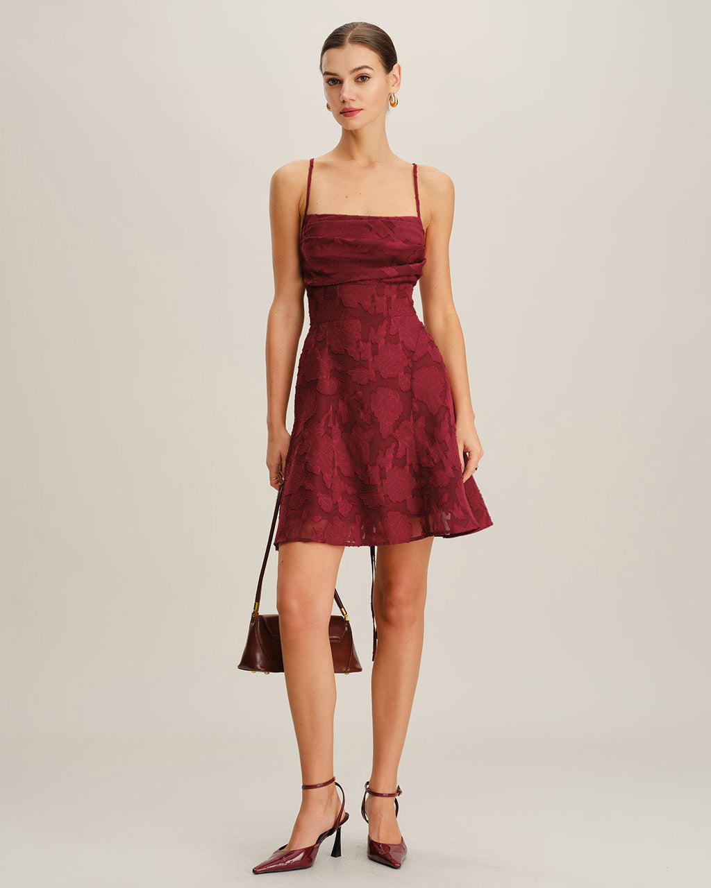 Backless Mini Dress in Wine Red with Floral Design