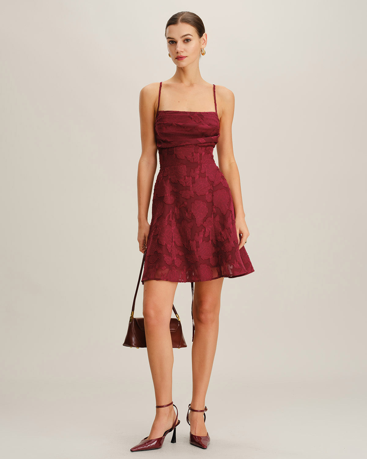 Backless Mini Dress in Wine Red with Floral Design