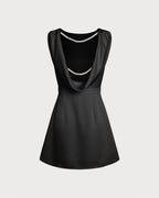 Black A-Line Mini Dress with Boat Neck and Pearl Accents
