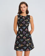Floral Print Black Boat Neck Mini Dress