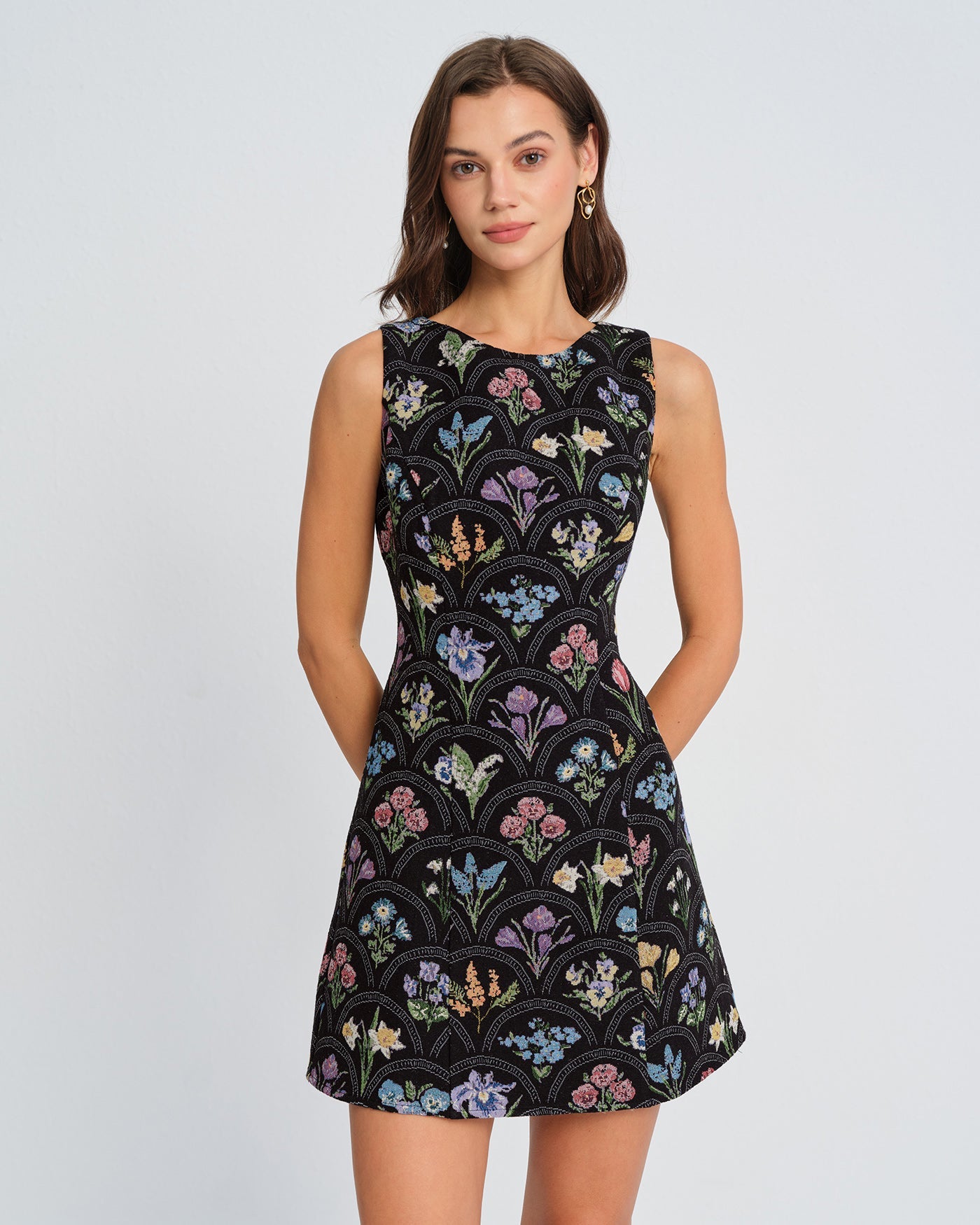 Floral Print Black Boat Neck Mini Dress