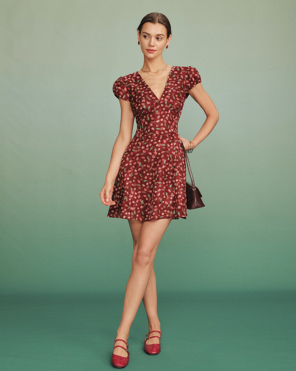 Red Jacquard V-Neck Mini Tunic Dress
