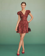 Red Jacquard V-Neck Mini Tunic Dress