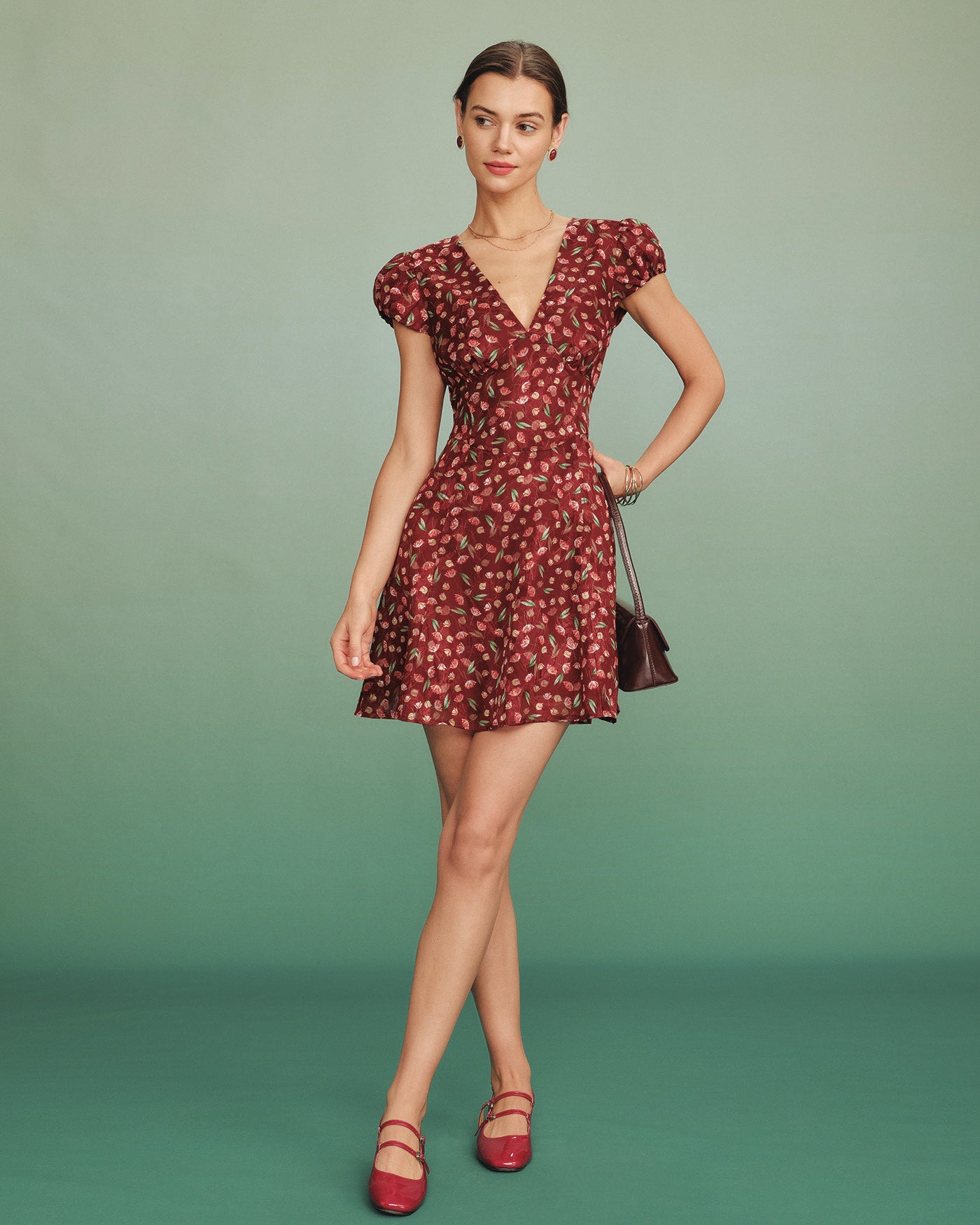 Red Jacquard V-Neck Mini Tunic Dress