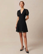 Black Mini Dress with V-Neck and Puffed Sleeves