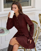 Wine Red Pleated Mini Dress with Button Detail