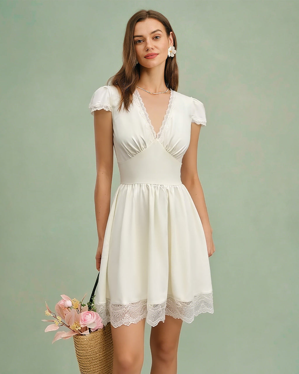 Apricot V-Neck Mini Dress with Lace Accents