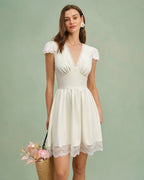 Apricot V-Neck Mini Dress with Lace Accents